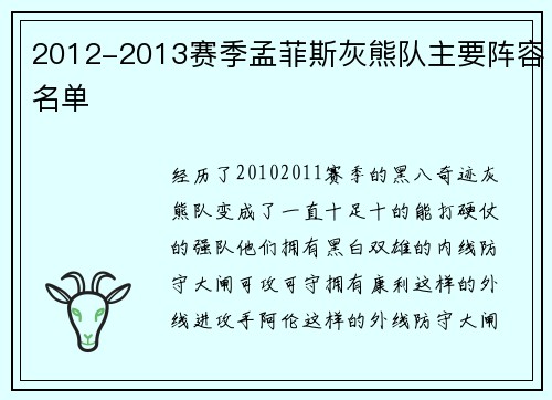 2012-2013赛季孟菲斯灰熊队主要阵容名单