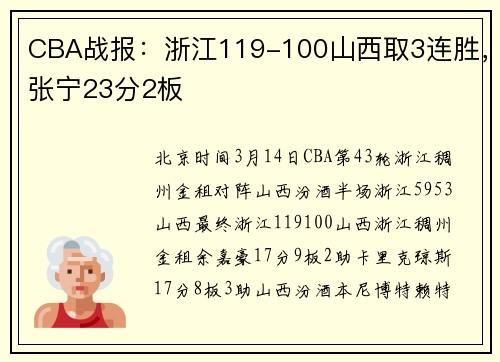 CBA战报：浙江119-100山西取3连胜，张宁23分2板