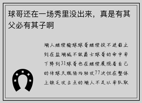 球哥还在一场秀里没出来，真是有其父必有其子啊